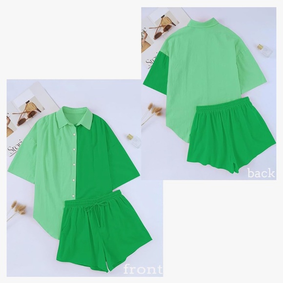 Fixmatti Green Cotton Colorblock Button Up Shirt and Shorts Set - Picture 4 of 15